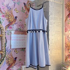 THML Blue & White Striped Bohemian Nautical Tassel Fringe Trim Dress Size M